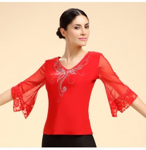 Black red rhinestones v neck trumpet sleeves Women's female lace patchwork see through competition performance ballroom tango waltz dance dancing tops blouses for ladies
